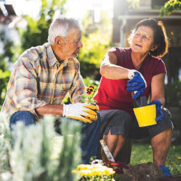 Elderly couple gardening while having a conversation on a bright sunny day
